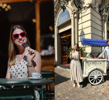 a woman eating ice-cream on the left, man and a woman near the ice cream parlor on the right