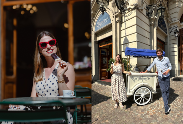 a woman eating ice-cream on the left, man and a woman near the ice cream parlor on the right