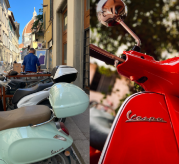 two vespas (baby blue on the left and red on the right) with the background of Florence's duomo