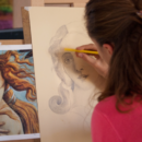 the image demonstrates the young woman taking part in an art course, drawing from Botticelli's Birth of Venus