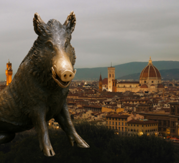 porcellino statue with florence in the background