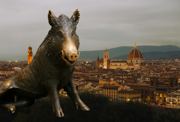 porcellino statue with florence in the background