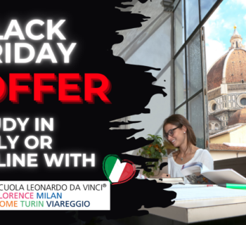 Black Friday offer with students in the background sitting in a classroom facing the Florence's Cathedral