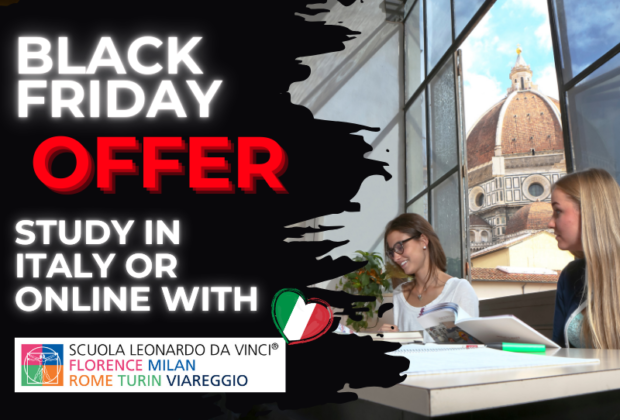 Black Friday offer with students in the background sitting in a classroom facing the Florence's Cathedral